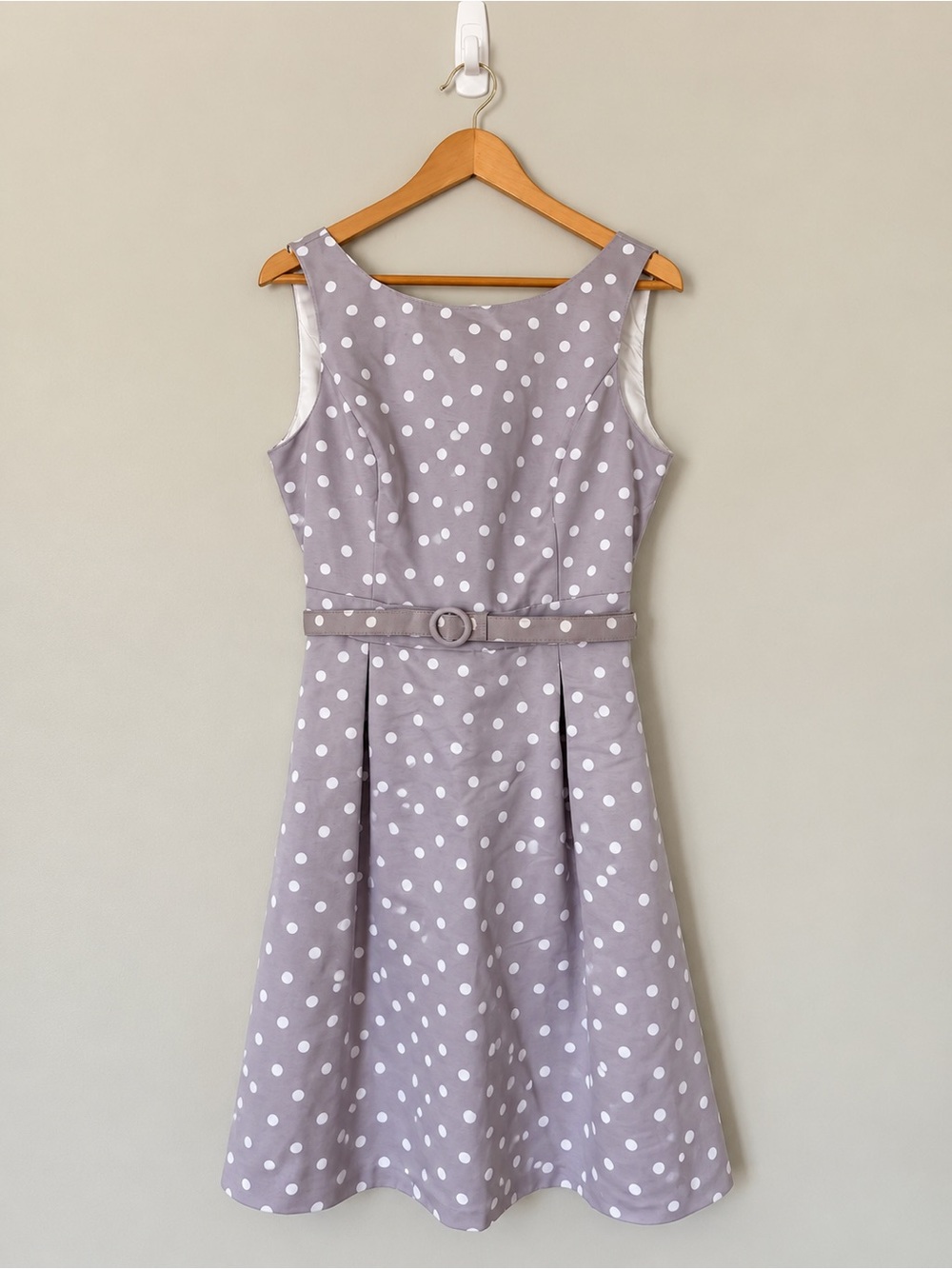 White House Black Market Gray Polka Dot Fit & Flare Dress Belted Size 12